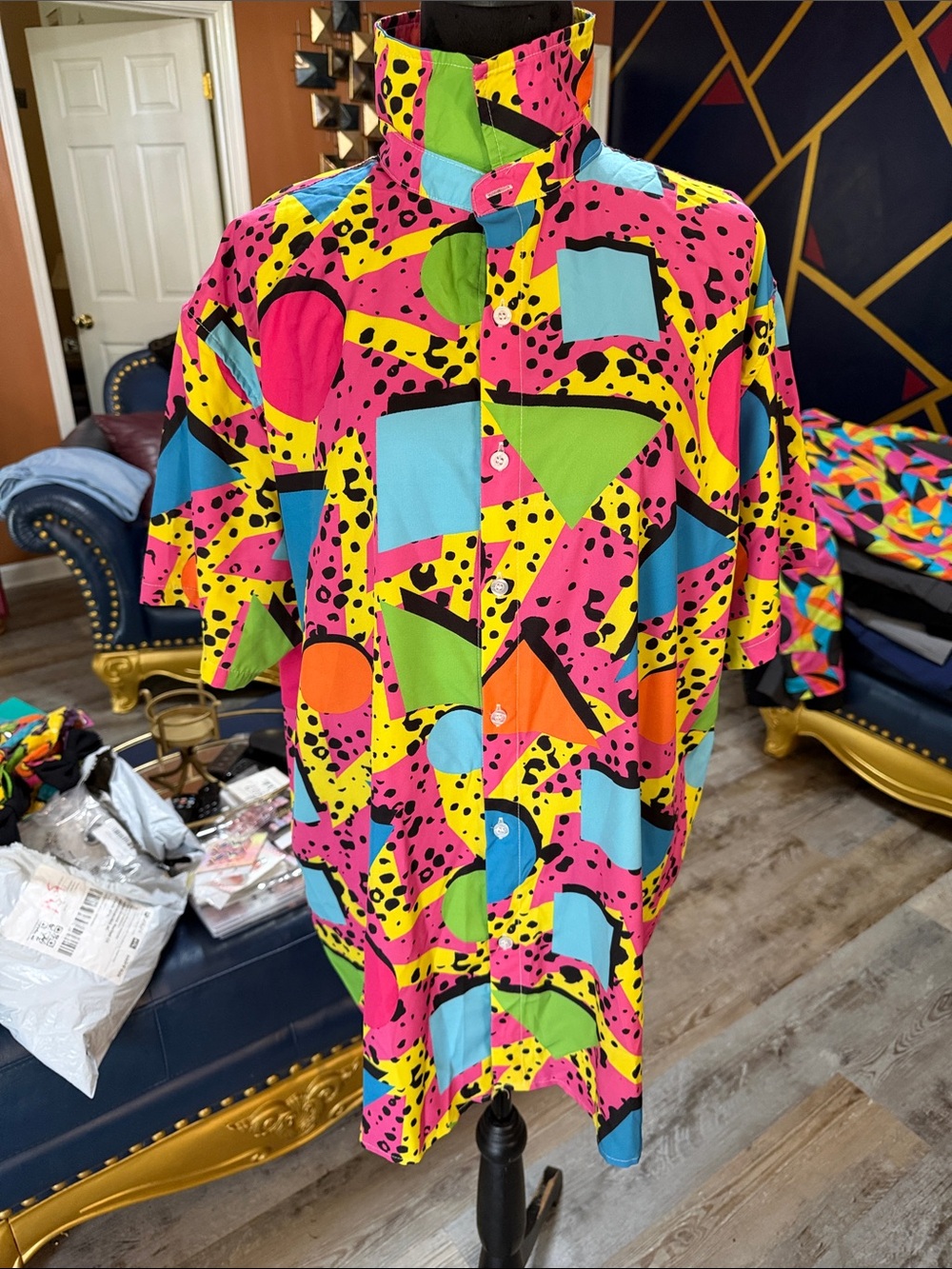 Bold Neon Geometric Short Sleeve Shirt - Multicolor